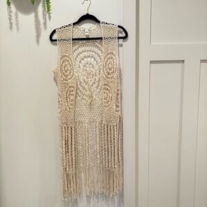 Cato Bohemian 100% Cotton Crochet Fringe Neutral Earthy Tie Vest Women's Size M
